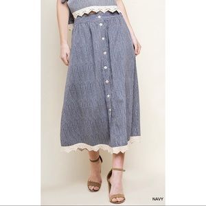 Striped Midi Button Front Skirt Pinstripes Navy New With Tags